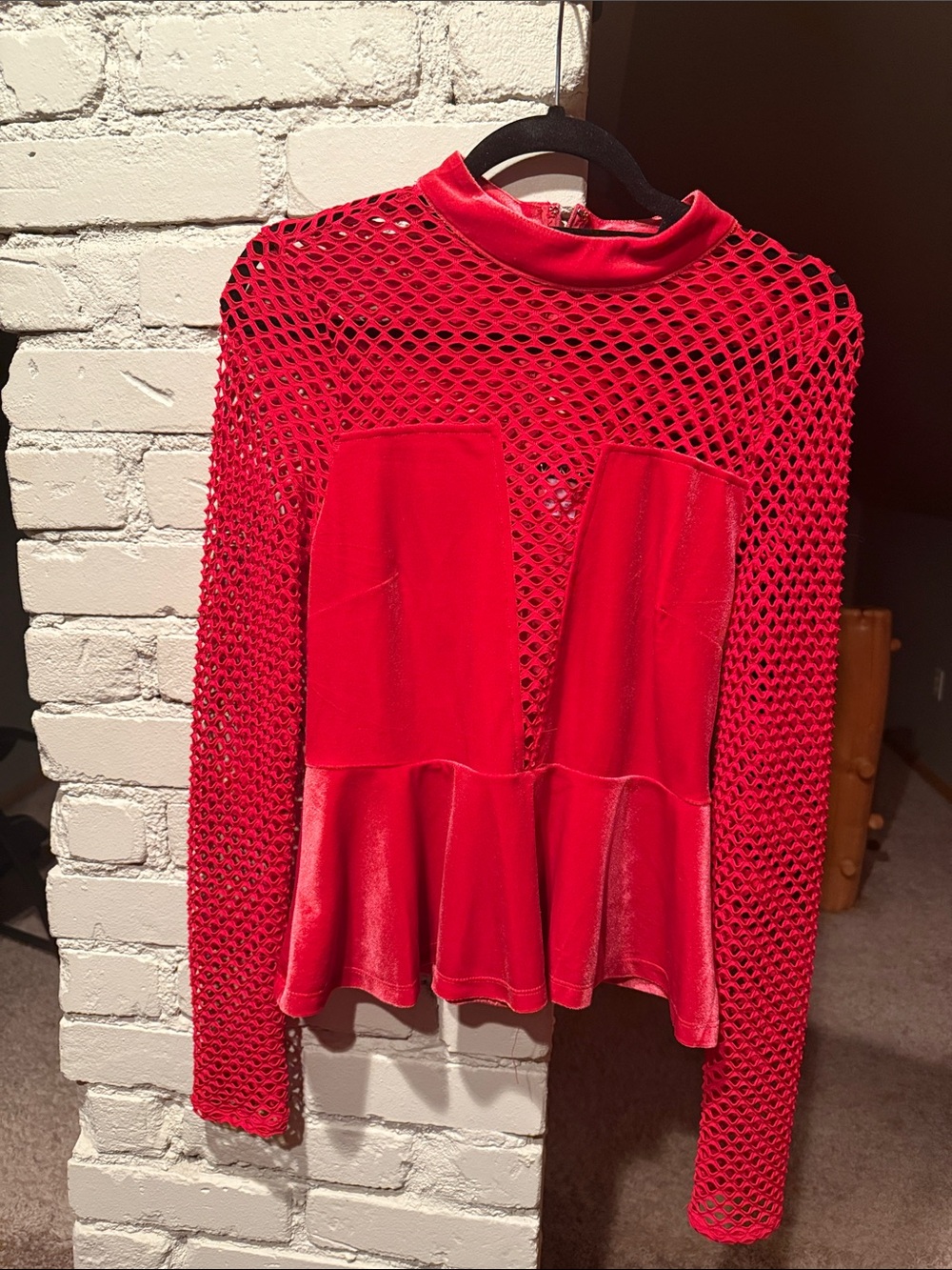 VENUS Red Mesh & Velvet Peplum Tunic Top